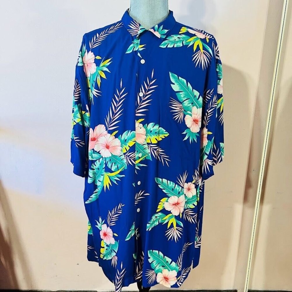 VTG POLO RALPH LAUREN  Men’s 3XL Tall Blue Hibiscus HAWAIIAN Shirt 100% Rayon